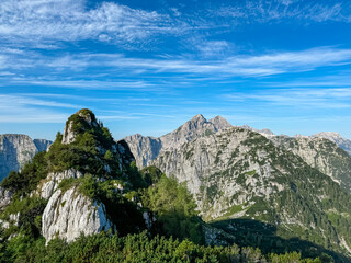 Scenic view of pristine rugged mountain peaks of Kanin massif, Julian Alps, Italy, Europe. Wild...