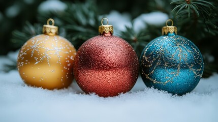 Three colorful christmas ornaments sitting in the snow