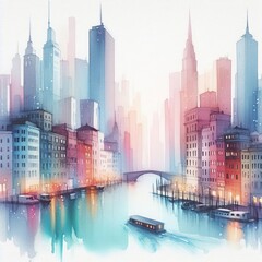 83 Watercolor Cityscape Soft flowing buildings with gentle gradi