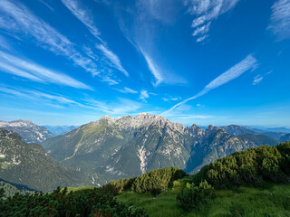 Scenic view of pristine rugged mountain peaks of Western Julian Alps, Italy, Europe. Wild hiking...