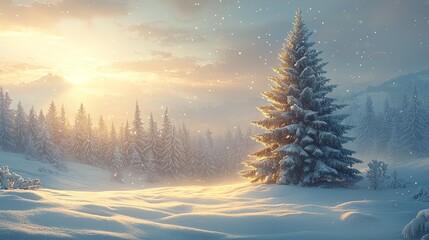 Fototapeta premium A snowy landscape with a lone tree in the middle of it