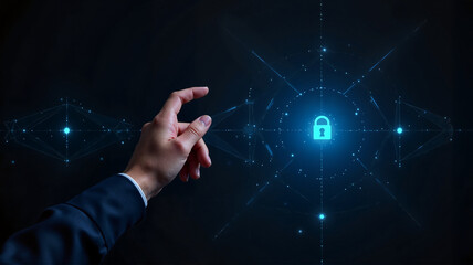 Young adult caucasian male interacting with digital lock icon on futuristic interface