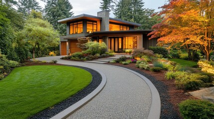 Modern home with landscaped garden and winding pathway illuminated at dusk.