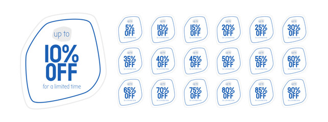 Set of stickers with different discount percentages. Organic and clean format, gray, blue and white, with borders.