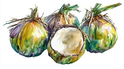 Naklejka premium A watercolor painting of three coconuts on a white background