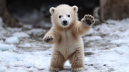 Naklejka premium A small white polar bear standing on its hind legs in the snow