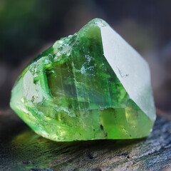 Gemstone olivine. Green crystal. Precious stone.