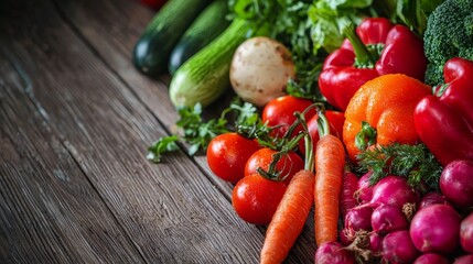 Assortment of fresh vegetables on rustic wooden surface