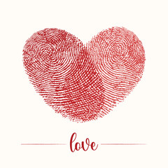 Fingerprint heart. Red love isolated on white background. Cute love illustration. Design elements for Valentine's day, wedding, greeting card, banner, poster. Heart shape vector. Love, heart icon.
