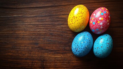 A group of colorful easter eggs sitting on top of a wooden table