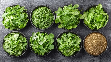 Obraz premium A variety of greens in black bowls on a table