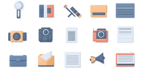 Theme: Press, Journalism, Icon Set, Shapes, Objects, on White Background, Abstract Image, Texture, Pattern Background, Wallpaper, Cover and Screen of Smartphone, PC, Laptop, 9:16 and 16:9 Format