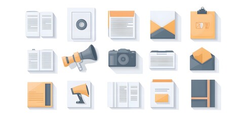 Theme: Press, Journalism, Icon Set, Shapes, Objects, on White Background, Abstract Image, Texture, Pattern Background, Wallpaper, Cover and Screen of Smartphone, PC, Laptop, 9:16 and 16:9 Format