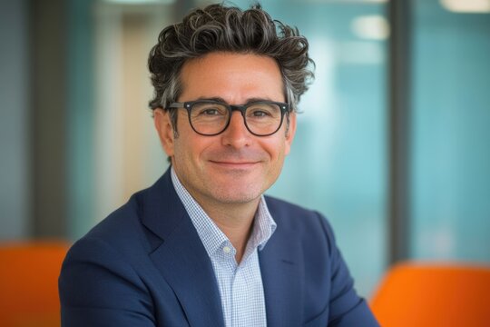 A smiling man in glasses and a blue blazer, a professional portrait. - Powered by Adobe