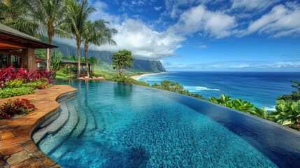 Obraz premium Stunning infinity pool overlooking a tropical coastline with lush greenery and mountains.