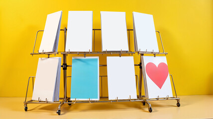 Blank cards on display rack with a single heart design on yellow background