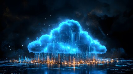 Fototapeta premium 3D cloud made of circuit board, glowing blue data flowing out from the clouds, black background,
