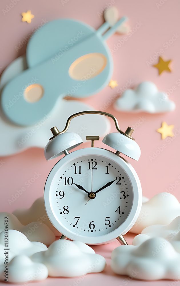 Poster white alarm clock sits atop a serene background featuring sleeping mask clouds and golden stars in s