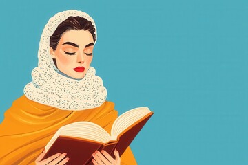A woman in a scarf reads a book, immersed in thought, set against a vibrant blue background, showcasing a blend of culture and literature.