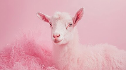 A baby goat laying on top of a pile of pink fur