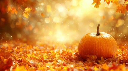 A pumpkin sitting on top of a pile of leaves