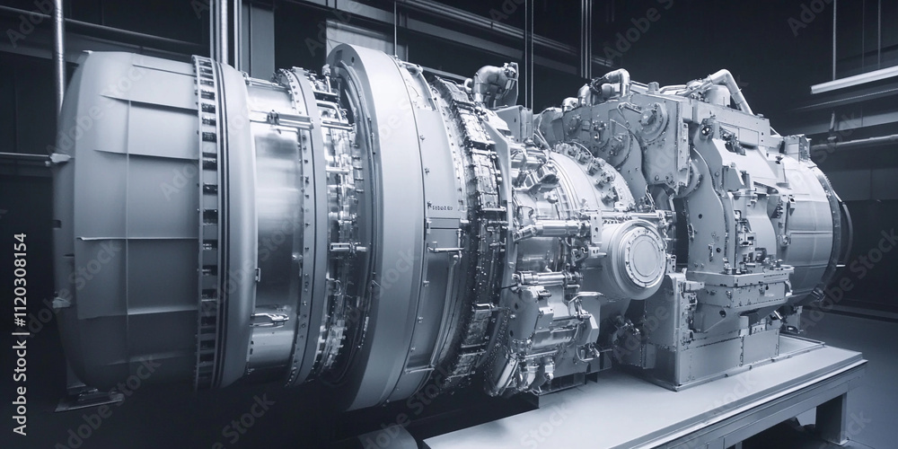 Poster high-tech gas turbine engine in industrial setting