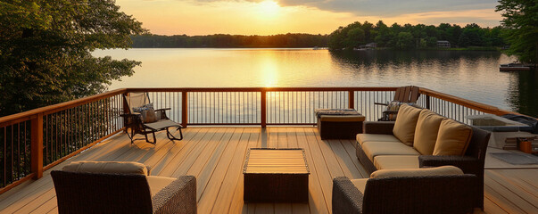 Fototapeta premium Sunset over calm lake from a cozy deck lounge area