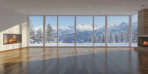 Fototapeta premium Modern living room with mountain view during winter