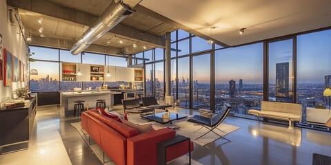Modern high-rise apartment with city skyline view at sunset