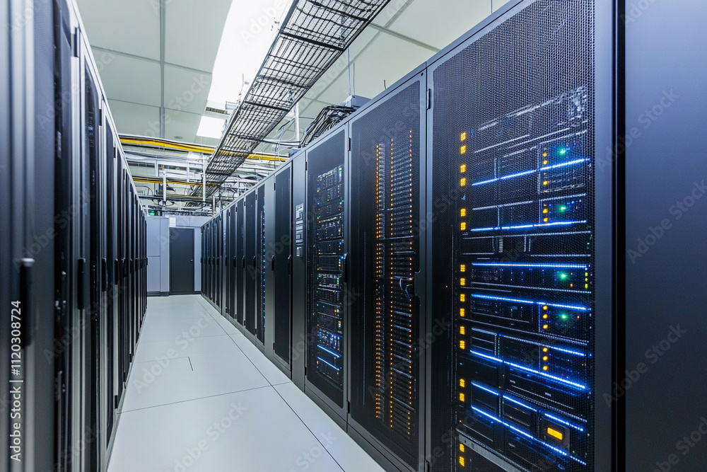 Poster network servers line a modern data center corridor