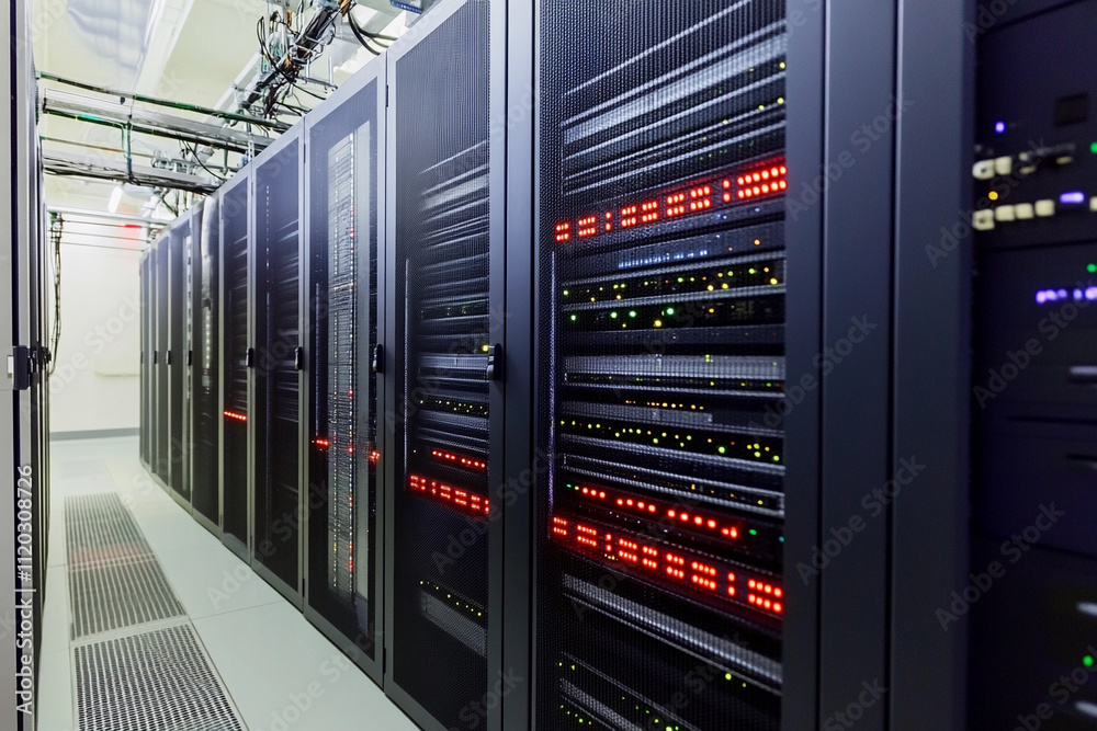 Poster data center with server racks in a modern facility
