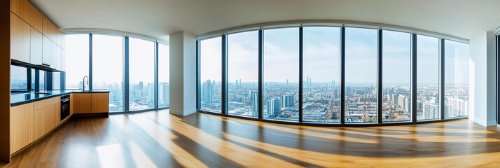 Obraz premium Modern urban kitchen with panoramic city view at sunrise