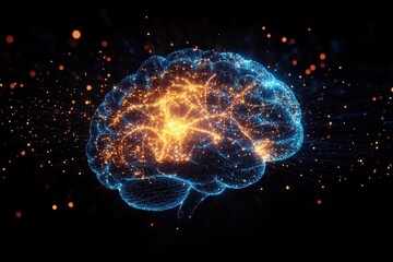 A brain with a blue and orange glow. Generative AI