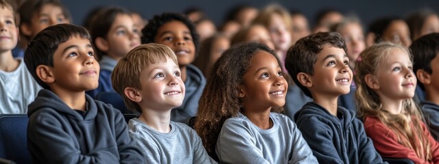 Fototapeta premium Smiling multiethnic children sitting on chairs in a classroom, symbolizing diversity, education, and a positive learning environment with space for creative concepts.