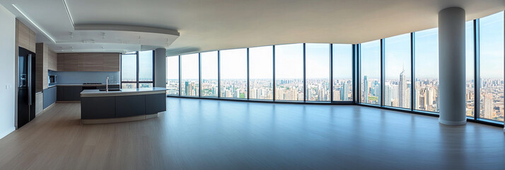 Obraz premium Spacious modern interior with city view on a clear day