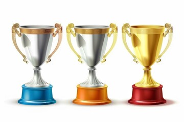 Trophy cups, golden goblet, silver reward, champion bowls. Contest winner award collection, prize cup