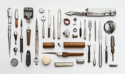 Assorted vintage tools arranged on white background.