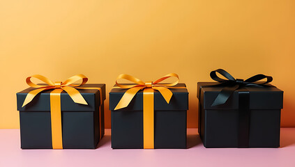 Vertical photo of black gift boxes with yellow and black ribbons on a colored background waiting to be opened._00001_