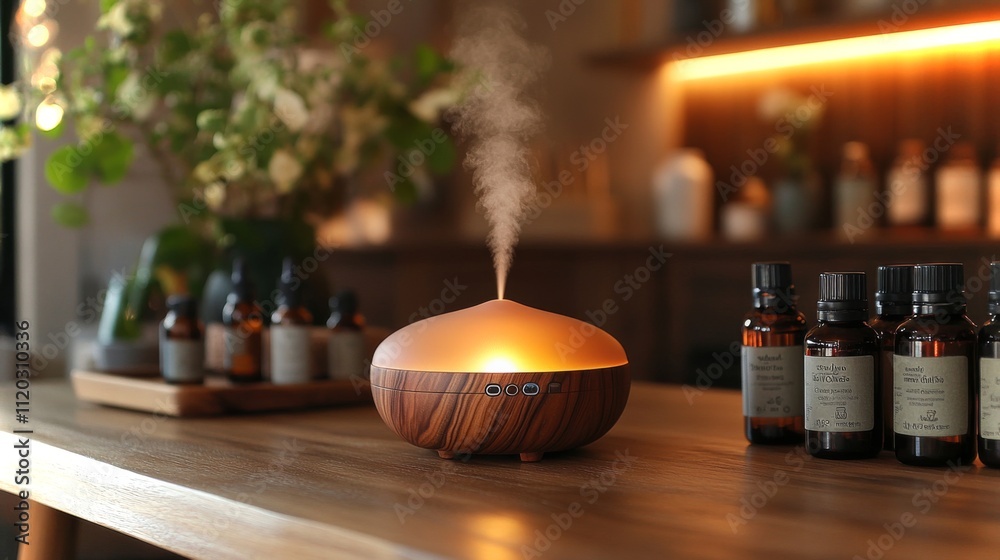 Poster a wooden diffuser emits a gentle steam in a warm, inviting room. nearby, various bottles of essentia