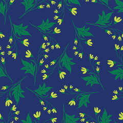 Naklejka premium Seamless floral pattern, liberty ditsy print of pretty hand drawn chamomile. Cute botanical design for fabric, paper: colorful field, small flowers, tiny leaves on blue background
