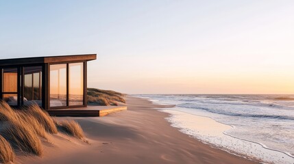 A modern beach house blends seamlessly with the serene coastal landscape at sunset, offering a perfect escape into nature.