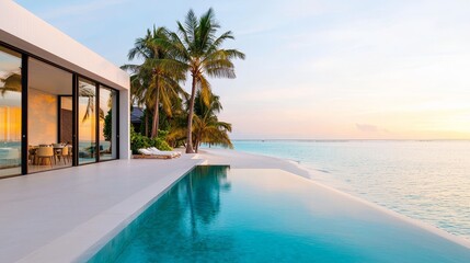 A serene tropical villa by the ocean, featuring a modern design and a stunning sunset view across a tranquil infinity pool.