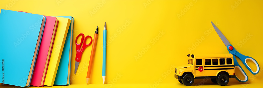Poster school supplies, such as notebooks and scissors, are displayed in a colorful scene with a small scho