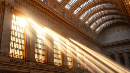 Obraz premium A stunning architectural interior with beams of sunlight illuminating grand windows, showcasing elegance and design.