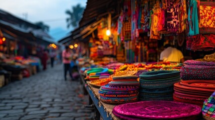 Fototapeta premium A vibrant market scene showcasing colorful textiles and handicrafts, reflecting rich cultural heritage and lively atmosphere.