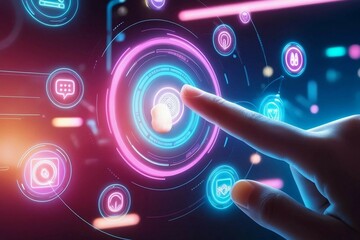 A futuristic virtual touch interface with glowing holographic charts, interactive elements, and neon lights, featuring a realistic finger navigating through dynamic, sci-fi-inspired data visuals