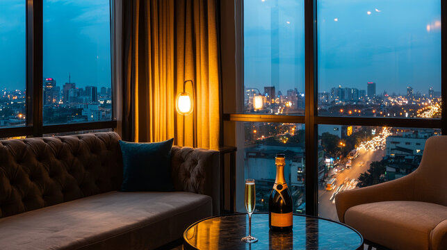 Elegant evening scene featuring champagne and city lights, perfect for celebrating special moments in a stylish setting.
