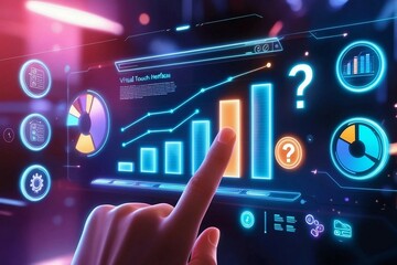 A futuristic virtual touch interface with glowing holographic charts, interactive elements, and neon lights, featuring a realistic finger navigating through dynamic, sci-fi-inspired data visuals