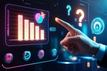 A futuristic virtual touch interface with glowing holographic charts, interactive elements, and neon lights, featuring a realistic finger navigating through dynamic, sci-fi-inspired data visuals