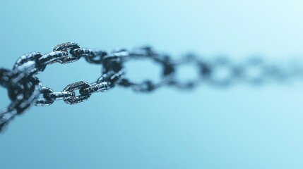 Close-Up View of Metallic Chain Links on a Soft Blue Background Reflecting Light in a Minimalist Style